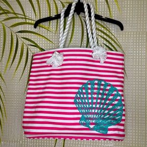 Pink White striped green shell Beach Tote Bag